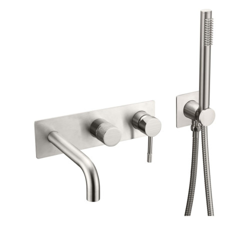 Смеситель для ванны Boheme Uno встраиваемый на 4 отверстия с ручным душем и изливом 17,9 см nickel brush 464-3-NB