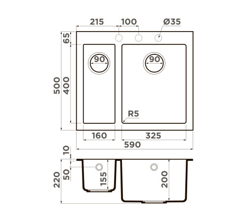 Кухонная мойка Omoikiri Bosen 59-2A-GB Artceramic 59 x 50 см графит 4993821