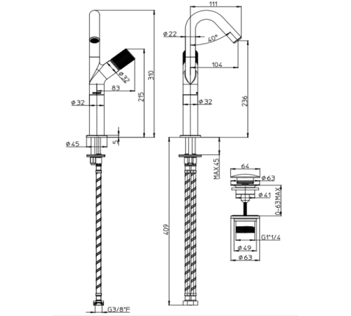 Смеситель для раковины BOSSINI PLY 310 мм с донным клапаном хром Z00903.030