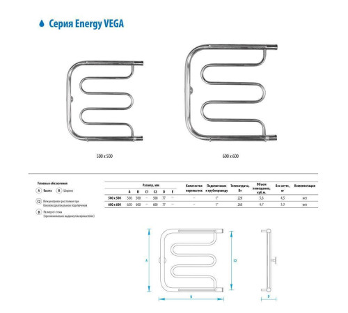 Полотенцесушитель водяной Energy Vega 500x500 П-образный с полками EWTR0VEGA0505000000