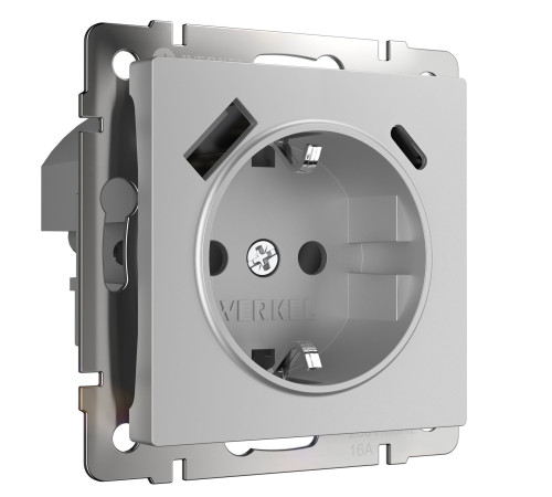 W1171706/ Розетка с заземлением, шторками и USB тип A+C (серебряный) W1171706