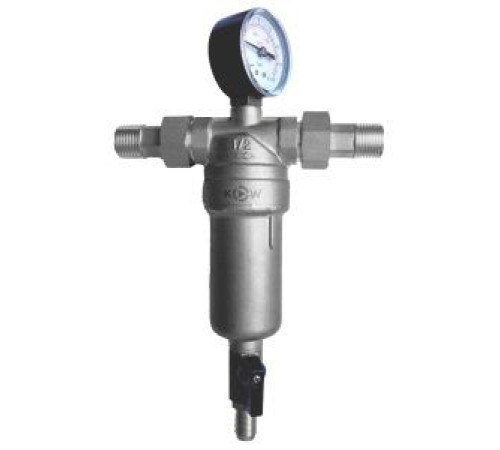 Фильтр механической очистки промывной Kromwell 1/2 100 мкм с манометром и латунной колбой KW.F60304