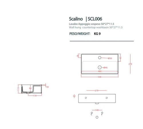 Раковина накладная Artceram Scalino 50х27 см 1 отверстие белый глянцевый SCL006 01 00