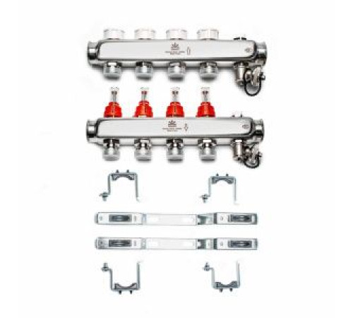 Коллекторный блок из нержавеющей стали Gekon 1x3/4 EK 4 выхода со сливными кранами и воздухоотводчиками GK 72104
