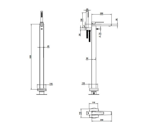 Смеситель для ванны напольный Bongio Stelth с ручным душем золото 01534OR0DEU