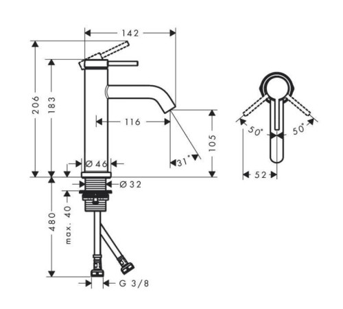 Смеситель для раковины Hansgrohe Tecturis S на 1 отверстие без донного клапана хром 73311000