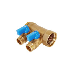 Коллектор латунный никелированный Hoobs 3/4х2х1/2 EK с шаровыми кранами 2 выхода синие ручки HB-6200R6H0504B2A