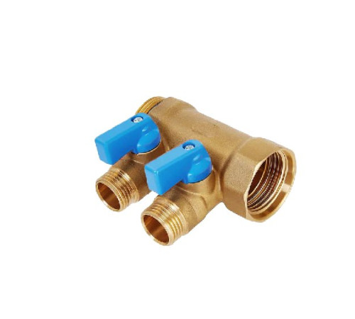 Коллектор латунный никелированный Hoobs 3/4х2х1/2 EK с шаровыми кранами 2 выхода синие ручки HB-6200R6H0504B2A