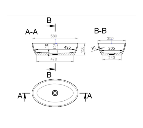 Раковина накладная Salini Alda 58х35х15 см S-Stone без отверстия белый матовый 110621M
