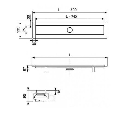 Комплект дренажного канала TECE TECElinus 800 мм с основой под плитку и панелью 15103089