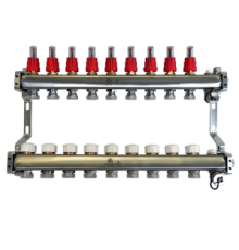 Коллекторный блок из нержавеющей стали Gekon 1x3/4 EK 9 выходов со сливными кранами и воздухоотводчиками GK 72109