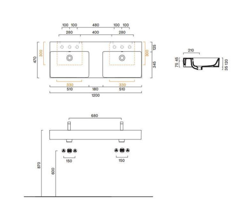 Раковина двойная подвесная Catalano Premium 120x47 см без отверстия белый глянцевый 0221220001