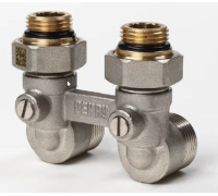 Блок шаровых кранов REHAU угловой G 1/2 x G 3/4 никелированный 12407373001