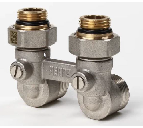 Блок шаровых кранов REHAU угловой G 1/2 x G 3/4 никелированный 12407373001