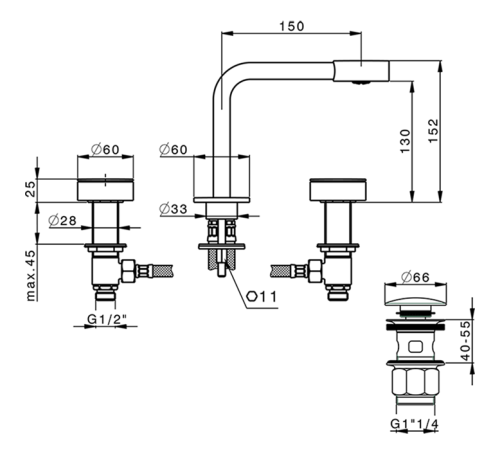 Смеситель для раковины Cisal Slim на 3 отверстия с донным клапаном черный матовый SM00102040
