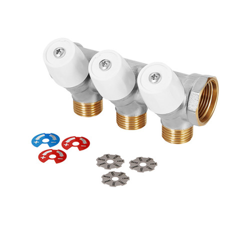 Коллектор латунный никелированный Hoobs 1х3х1/2 EK с вентилями 3 выхода белые маховики HB-6200E7N1004W3A