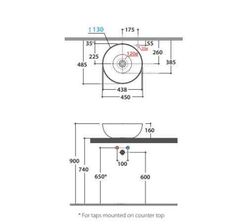 Раковина-чаша накладная GLOBO T-EDGE Ø 450 мм круглая белый глянцевый B6T45BI