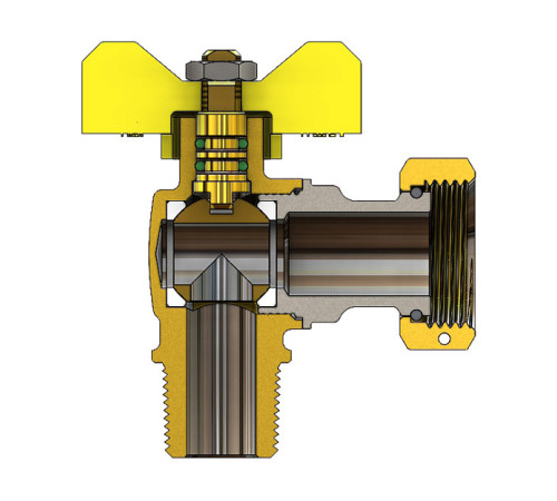 Кран шаровой угловой для газа Tiemme 1/2 НР x 3/4 ВР ручка-бабочка желтая 2220005