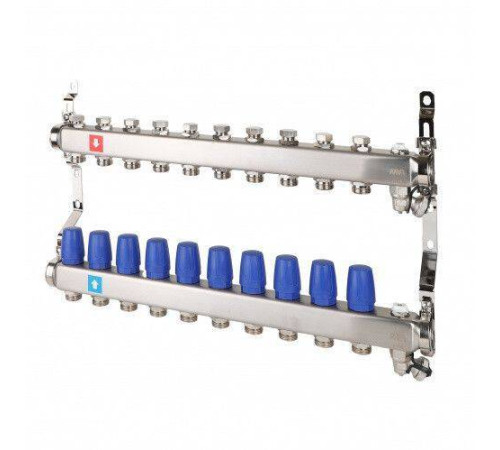Коллекторная группа Hogert Premium 1 x 3/4 EK 10 выходов без расходомеров с дренажным краном и воздухоотводчиком HOGMS61006