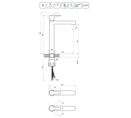 Смеситель для умывальника RAVAK Puri PU 015.20 высокий без донного клапана черный X070182