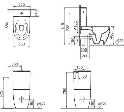 Унитаз напольный безободковый VitrA Sento Rim-ex Back-to-Wall с тонким сиденьем микролифт 9830B003-7203