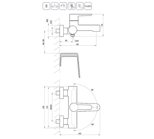 Смеситель для ванны RAVAK Puri PU 022.20/150 черный X070185