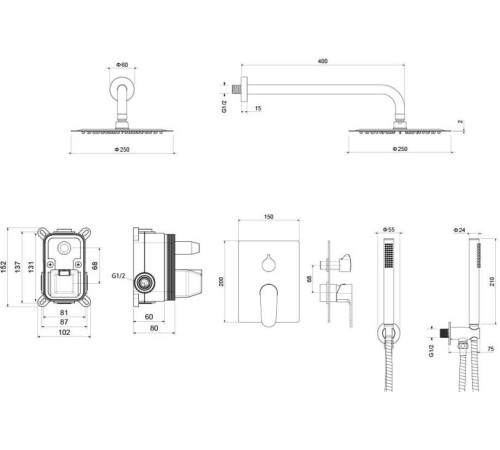 Душевой комплект 3 в 1 Aquanet Oberon 2 режима хром AQ1272CR