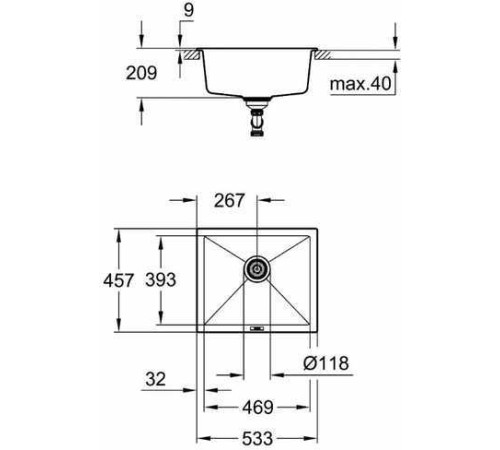 Мойка кухонная композитная GROHE K700 под столешницу 533x457 мм черный гранит 31654AP0