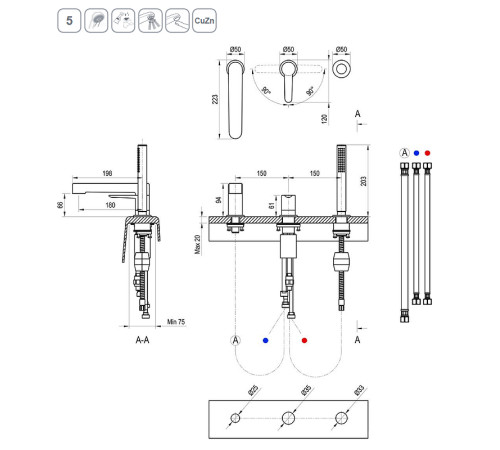 Смеситель для ванны врезной каскадный RAVAK Puri PU 026.20 черный X070186