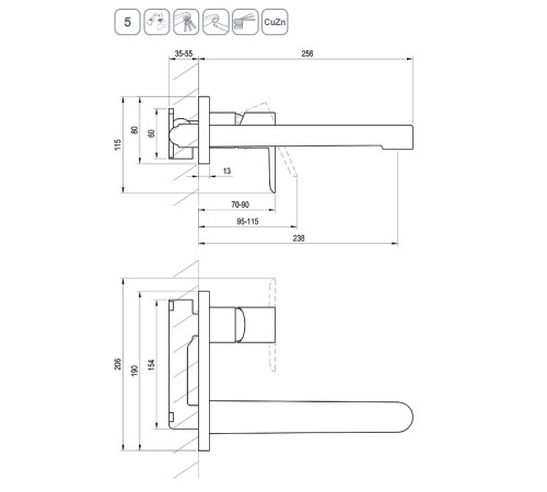 Смеситель для умывальника RAVAK Puri PU 019.20 настенный монтаж черный X070184