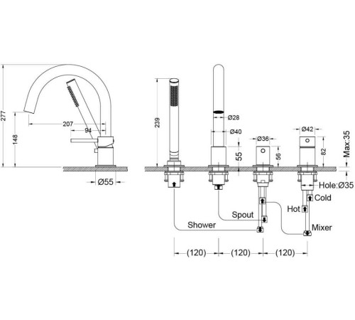 Смеситель на борт ванны Aquanet Европа на 4 отверстия матовый черный AQ1348MB