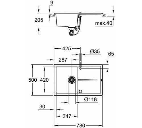 Мойка кухонная композитная GROHE K400 с крылом 780x500 мм черный гранит 31639AP0
