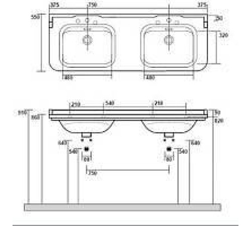 Раковина Kerasan Waldorf 150х55 см двойная 3 отверстия керамическая белый/золото 4143K1/811391oro