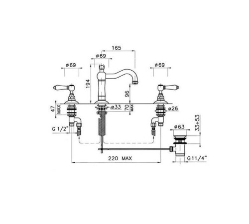 Смеситель для раковины Nicolazzi Petit Mont Blanc на 3 отверстия с донным клапаном излив 165 мм хром 1409CR78