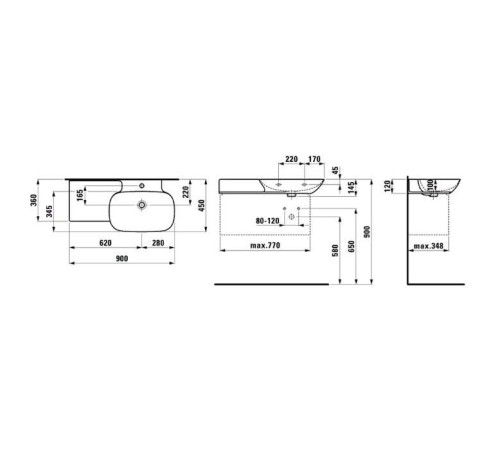 Раковина Laufen INO 90х45х12 см 1 отверстие полка слева 8.1330.1.000.104.1