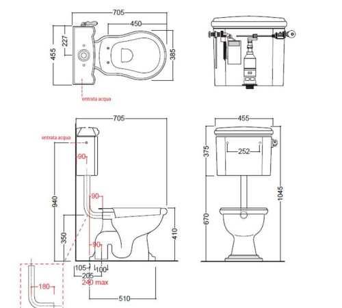 Унитаз приставной Kerasan Retro 72х38.5 см с низким бачком слив в пол белый/хром 101001/751390/760390/108201/757190