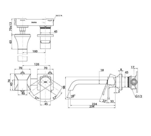 Смеситель для раковины встраиваемый TOTO GC на 2 отверстия хром TLG08308R