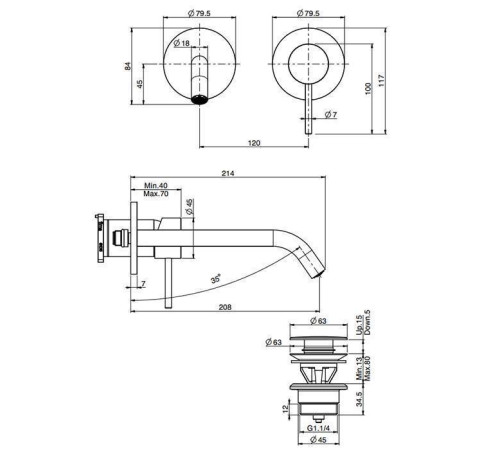 Смеситель для раковины Fima Carlo Frattini Spillo Up настенный излив 21 см брашированное золото F3051WLX8OS