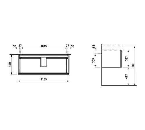 Тумба с раковиной Laufen Pro S 116x45x39.5 см подвесная 1 ящик белый матовый 8.1496.5.000.104.1/4.8356.2.096.463.1