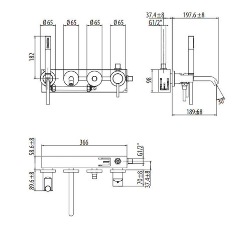 Смеситель для ванны встраиваемый на 4 отверстия Gattoni Circle Two с ручной лейкой хром 9105/91C0