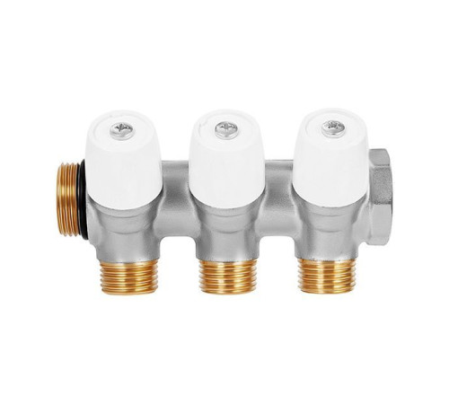 Коллектор латунный никелированный Hoobs 3/4х3х1/2 EK регулируемый 3 выхода белые маховики HB-6200E7N0504W3A