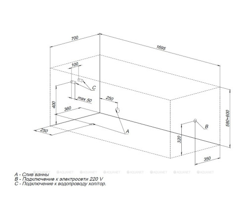 Акриловая ванна Aquanet Aura 170x70 см с каркасом 00362712