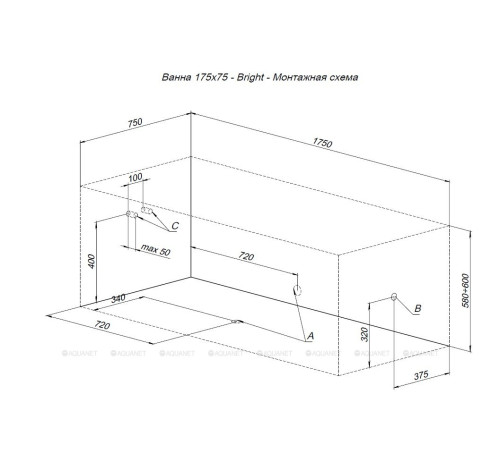 Акриловая ванна Aquanet Aura 175x75 см с каркасом 00362715