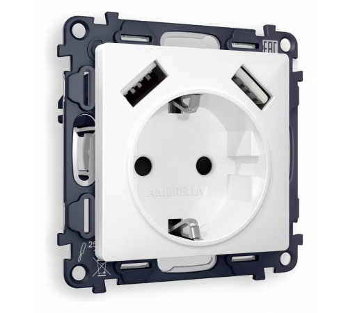 Розетка с заземлением и со шторкой и 2хUSB type A, без рамки Ambrella Volt Quant MA109010
