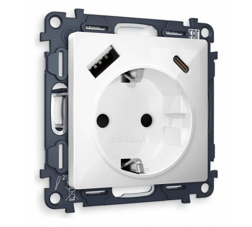 Розетка с заземлением и 2хUSB type A и C, без рамки Ambrella Volt Quant MA110010