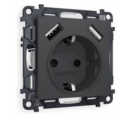 Розетка с заземлением и со шторкой и 2хUSB type A, без рамки Ambrella Volt Quant MA909010