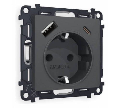 Розетка с заземлением и 2хUSB type A и C, без рамки Ambrella Volt Quant MA910010