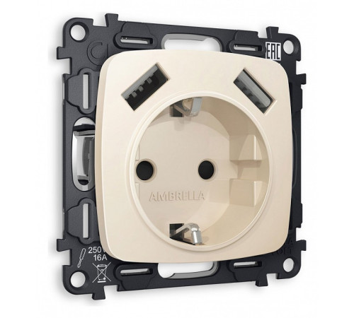 Розетка с заземлением и 2хUSB type A, без рамки Ambrella Volt Quant MO329010