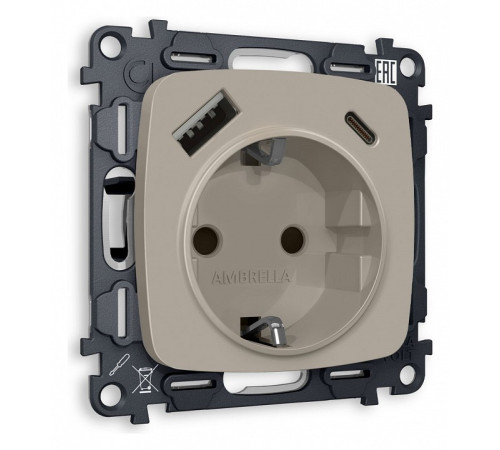 Розетка с заземлением и 2хUSB type A и C, без рамки Ambrella Volt Quant MO370010