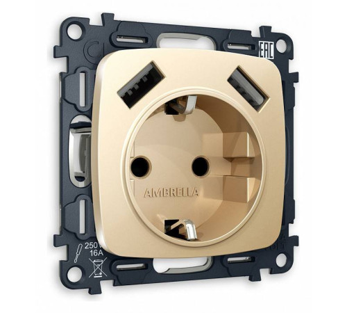 Розетка с заземлением и 2хUSB type A, без рамки Ambrella Volt Quant MO609010